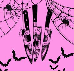 two knives with skulls on them are in front of spider webs and pink background