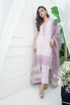 Elegant Purple Kurta With Sheer Dupatta, Elegant Purple Sharara With Chikankari Embroidery, Elegant Purple Georgette Embroidered Fabric, Elegant Purple Embroidered Georgette Fabric, Party Wear Organza Kurta With Sheer Dupatta, Tissue Silk Dupatta With Dabka Work For Party, Elegant Purple Embroidered Fabric For Eid, Elegant Traditional Wear Made Of Net, Designer Sheer Dupatta Lace Dresses