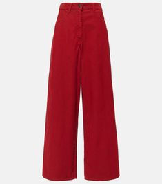 Chan corduroy wide-leg pants in red - The Row | Mytheresa Red Straight Leg Bottoms With Button Closure, Red Cotton Bottoms With Button Closure, Red Wide Leg Jeans For Work, High Waist Cotton Wide Leg Pants With Five Pockets, Red Cotton Jeans, Straight Cotton Jeans With Button Closure, Cotton Wide Leg Pants With Button Closure, Cotton Wide Leg Full Length Pants With Five Pockets, Cotton Wide Leg Full Length Pants With Button Closure