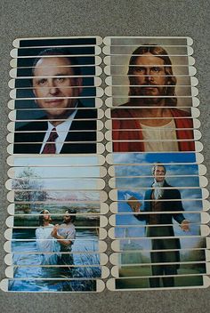 four different pictures of jesus and other people on the same piece of paper with white strips