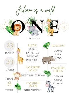 a baby's first birthday poster with animals and numbers for each child to be