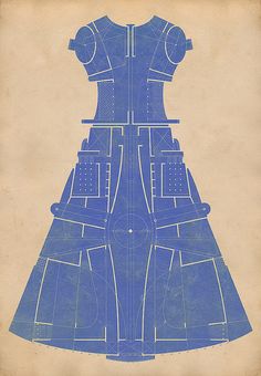 a drawing of a blue dress with cut outs on the front and back, in light brown paper