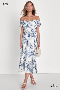 We can't help but dream about all the picnics and brunches we'll attend wearing the Lulus Delightfully Sweet White Floral Off-the-Shoulder Midi Dress! A whimsical floral print decorates gauzy woven fabric as it shapes this perfect sunny day dress, that features a lightly gathered bodice and a ruffle-trimmed, off-the-shoulder neckline, framed by fluttery short sleeves. The set-in waist (with long tying sash that secure at the back) tops a flowy, A-line midi skirt that falls to a tiered hem. Hidde Off Shoulder Dress For Garden Party In Spring, Off-shoulder Bohemian Midi Dress For Brunch, Bohemian Off-shoulder Midi Dress For Brunch, Spring Garden Party Off Shoulder Maxi Dress, Spring Garden Party Maxi Length Off Shoulder Dress, Spring Maxi-length Off Shoulder Dress For Garden Party, Spring Garden Party Maxi Off Shoulder Dress, Spring Maxi Off Shoulder Dress For Garden Party, Summer Floral Print Off Shoulder Dress For Garden Party