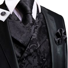 Black Floral Jacquard Vest Set Vest set S (Chest 40)   - Sophisticated Gentlemen Floral Suit Men, Business Vest, Vest Suit, Dress Vest, Vest Set, Formal Suit, Suit Black, Floral Jacquard, Formal Suits