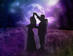 two people standing in front of a full moon with their hands on each other's shoulders