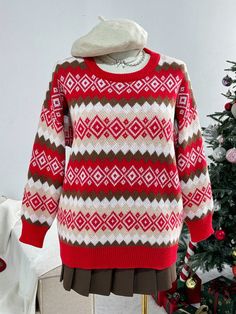 Plus Christmas Geo Pattern Drop Shoulder Oversize Sweater Multicolor Casual  Long Sleeve Knitwear Geometric Pullovers Medium Stretch  Women Plus Clothing, size features are:Bust: ,Length: ,Sleeve Length: Los Angeles Shirt, Oversize Sweater, Pull Oversize, Geo Pattern, Mesh T Shirt, Split Skirt, Long Sleeve Pullover Sweater, Striped Cardigan, Inspiration Mode