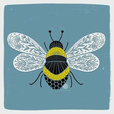 a drawing of a bee on a blue background