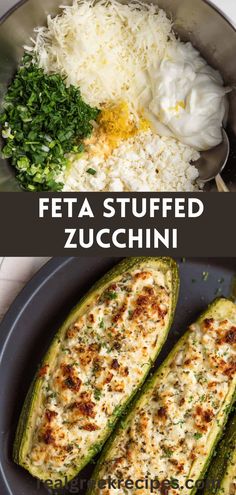 zucchini stuffed with cheese, parmesan and herbs in a skillet