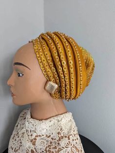 This is luxurious turban head tie is made specifically for you. Just as seen in the photos. Hand beaded. Ladies Caps Fashion, Traditional Gold Turban Headband, Traditional Gold Headband Turban, Gold Headband Turban One Size, Traditional Adjustable Gold Turban, Zara Cap, African Turban, Head Turban, Turban Cap