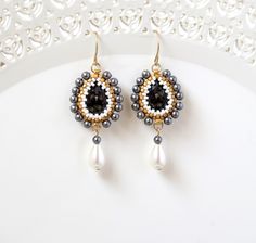 "These Swarovski teardrop earrings are great items that add elegance with a strong presence and personality. Get these outstanding unique drop earrings to adorn yourself or as a unique gift to a woman you want to indulge! Made by hand, from Swarovski teardrop, Swarovski pearls, Miyuki round seed beads, Miyuki Delica beads, and 14k goldfilled ear-wire * Measurements: ♡ Length: 1.96\" (5 cm) ♡ Width: 0.70\" (1.8cm) PACKAGING: ♡ Arrives in a hard jewelry gift box - ready to be given as a gift. SHIP Long Chain Earrings Gold, Hard Jewelry, Unique Drop Earrings, Grey Pearl Earrings, Formal Earrings, Dangle Earrings Wedding, Long Chain Earrings, Miyuki Delica Beads, Unique Jewelry Gifts