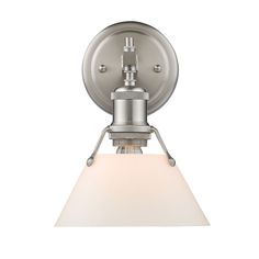 a light fixture with a white glass shade on the bottom and an angled metal arm