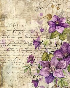 purple flowers are on top of an old piece of paper