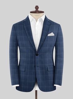 Channel effortless charm with our Napolean Noemi Windowpane Blue Wool Suit, offering a modern interpretation of classic sophistication. Expertly tailored from a luxurious wool blend, its rich blue hue exudes versatility and refinement. The intricate texture of the fabric adds depth and dimension, while the sleek silhouette ensures a sharp, polished appearance. From upscale soirées to formal business meetings, this suit exudes confidence and sophistication, guaranteeing you leave a lasting impression wherever you go.  Look Includes    Napolean Noemi Windowpane Blue Wool  Fabric  Two Button Jacket Style  Notch Lapel  Horn Royal Black Buttons  Single Vent  Three Cuff Buttons  Two Welted Back Pockets on Trousers   Click 'Customize Now' to modify the look if needed.  Lining: Viscose, Dry Clean, Blazer Men Outfit, Italian Suit, Designer Suits For Men, Men's Outfits, Linen Suits, Tweed Suits, Button Jacket, Formal Business, Business Casual Men