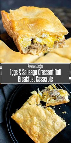 egg and sausage crescent roll breakfast casserole on a black plate with text overlay