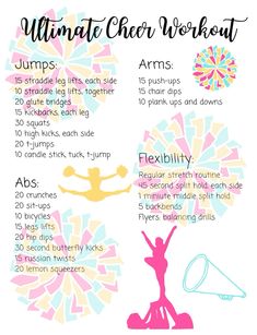 cheer workout for flyers, bases, and backspots Cheerleading Workouts Flyers, Cheer Summer Workout, Cheer Motions Printable, Cheer Lesson Plans, Cheerleading Flyer Workouts, Cheer Stretches For Flyers, Cheer Strength Workout, Workouts For Cheerleaders Flexibility, Cheer Routines For Beginners