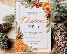 an orange and white christmas party card with pine cones on it, surrounded by other decorations