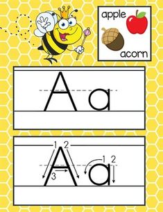 the letter a is for bee and an apple acorn on yellow background with honeycombs