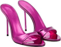 Glamorous Mules With 4-inch Open Heel, Glamorous Open Heel Heels For Fashion Events, Glamorous High Heel Sandals For Fashion Events, Pink Mules With Sculpted Heel For Party, Pink Mules With 4-inch Heel For Party, Glamorous Open Toe Heels For Fashion Events, Luxury Glossy Evening Heels, Luxury Metallic Mules For Party, Pink Party Mules With Wrapped Heel