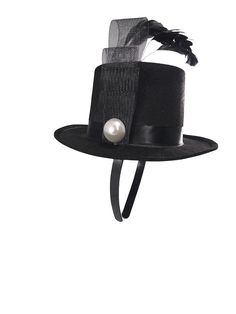 "Mini Black Top Hat on Headband. This mini top hat has an attached ribbon with a pearl decor. Attached on a lightweight headband. Perfect for Halloween, Steampunk costumes, Halloween and more! One Size Fits Most Adults and some children. Top hat itself stand approximately 3.5\" tall and approximately 7.5\" wide." Elegant Adjustable Mini Hats For Halloween, Novelty Adjustable Top Hat For Halloween, Punk Top Hat For Halloween Party, Adjustable Novelty Top Hat For Halloween, Punk Style Top Hat For Halloween Party, Elegant Adjustable Hat For Halloween, Adjustable Steampunk Hat For Party, Punk Style Halloween Party Top Hat, Adjustable Steampunk Party Hat