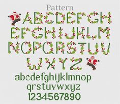 a cross stitch pattern with the letters and numbers in red, green, and white