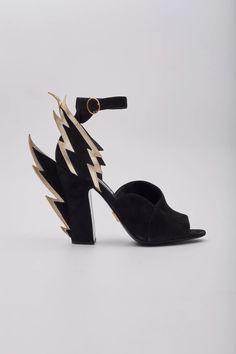 Prada Lightning Bolt Black Suede Gold Chunky Heels (EU 39) For Sale at 1stDibs Luxury Gold Heels With Stacked Heel, Luxury Gold Stacked Heel, Luxury Gold Suede Heels, Gold Chunky Heels, Prada Dress, Chloe Bag, Suede Sandals, Prada Shoes, Leather Buckle