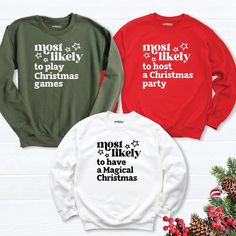 Funny Christmas Family Sweatshirts, Most Likely To Christmas Matching long sleeve, Family Holiday hoodie, Custom Christmas Group Sweatshirts Get into the holiday spirit with our festive collection of Christmas apparel! Our Christmas sweatshirts and Christmas hoodies are perfect for staying warm and cozy at any Christmas party or family gathering. Check out our matching sweatshirts for the ultimate coordinated look, and don't miss our funny "Most Likely To" Christmas sweatshirts for a touch of humor. Our Christmas Family tees and Family Long Sleeve shirts make wonderful gifts, bringing everyone together in festive style. For a personalized touch, explore our Custom Christmas tees and Family Holiday shirts. These Christmas gifts are sure to bring joy and cheer to your loved ones this season! Christmas Cotton Long Sleeve Sweater, Holiday Cotton Sweater With Long Sleeves, Holiday Long Sleeve Cotton Sweater, Long Sleeve Cotton Sweater For Holiday, Holiday Long Sleeve Hoodie For Fall, Christmas Long Sleeve Cotton Hoodie, Christmas Long Sleeve Sweater With Letter Print, Christmas Sweater With Letter Print And Long Sleeves, Red Long Sleeve Christmas Hoodie