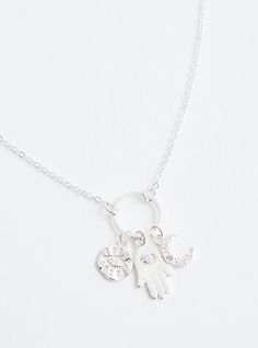 This necklace features a silver tone finish with celestial charms. Base metal. Imported. Circumference: Layer 1: 19”, Layer 2: 5”. The best plus size women's silver tone hamsa & celestial delicate necklace necklaces in silver. Adjustable Sterling Silver Charm Necklace With Moon Charm, Silver Dangle Charm Necklace With Moon Charm, Silver Symbolic Charm Necklace With Adjustable Chain, Silver Adjustable Spiritual Charm Necklaces, Symbolic Silver Charm Necklace With Adjustable Chain, Silver Spiritual Moon Charm Necklace, Symbolic Metal Charm Necklaces, Silver Symbolic Necklaces With Dangling Charms, Silver Necklaces With Dangling Charms