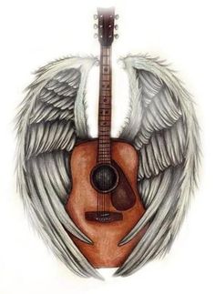 a drawing of an acoustic guitar with angel wings and the words, click here to view more