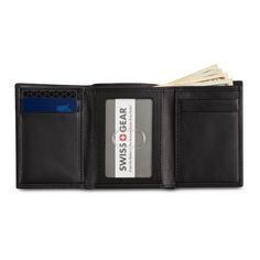 Tired of your old stretched out wallet? Using rubber bands to hold your cards and cash together? It’s time for a wallet that carries more in less space and looks great with everything. The Swissgear Trifold Wallet in black Napa leather gives you the convenience of a lightweight, compact size wallet when folded with plenty of capacity for everything you need. The inside of this small but mighty wallet is finished with four card slots, two slip pockets, one identification window and a large, lined Black Trifold Wallet With Interior Card Slots, Black Trifold Card Holder For Daily Use, Black Trifold Wallet For Everyday, Black Trifold Wallet For Daily Use, Black Trifold Wallet For Everyday Use, Black Wallets With Card Slots For Everyday, Black Trifold Wallet With Card Slots For Everyday, Black Wallets With Card Slots For Everyday Carry, Black Trifold Wallet With Rfid Blocking For Everyday