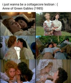 several pictures of women in period clothing and one is kissing the other with her head down