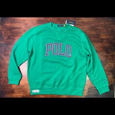 Sz Xl Polo Sweaters Green Green Cotton Tops With Logo Detail, Green Long Sleeve Sweatshirt With Embroidered Logo, Classic Green Long Sleeve Sweatshirt, Green Varsity Long Sleeve Sweatshirt, Green Collegiate Long Sleeve Sweatshirt, Green Long Sleeve Collegiate Sweatshirt, Green Casual Sweatshirt For Sports, Mens Green Sweater, Polo R