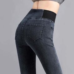 Fit Type: skinny. Item Type: Pencil Jeans. Closure: Elastic Waist. Material: Polyester, Cotton. Waist Type: High. Season: Spring, Fall, Winter. Length: Full Length. Wash: Light. Jeans Oversize, Elastic Jeans, Denim Pants Fashion, Stretch Denim Pants, Fall Pants, Oversized Jeans, Denim Pants Women, Slim Denim, Pencil Pants