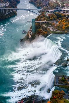 an aerial view of niagara falls in autumn