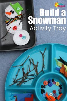 a snowman themed activity tray for kids to make with paper plates and buttons on the plate