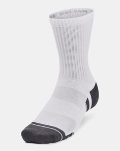 Durable material wicks sweat & dries really fast|New Locked-In Fit design keeps sock securely on heel for an adjustment-free fit|Medium cushioning throughout foot for comfort & protection|Mesh panels on top of foot for added breathability|Built-in arch support helps reduce foot fatigue Functional Slip-resistant Gym Socks, Sporty Gray Socks For Training, Sporty Slip-resistant Outdoor Socks, Sporty Gray Sweat-resistant Socks, White Slip-resistant Training Socks, Non-slip White Running Socks, Comfortable Sweat-resistant Gray Socks, Gray Sweat-resistant Socks, Gray Non-slip Sports Socks