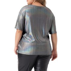 Get ready to shine and make a statement at festivals and concert carnivals with these Metallic Holographic Shimmer Tops. Designed to catch the light and turn heads, these tops are perfect for creating trendy and eye-catching festival outfits that will make you stand out from the crowd. The short sleeves of these tops not only provide a comfortable and breathable option for outdoor events but also showcase your style. Stay cool and comfortable while looking effortlessly stylish. Versatility is a Disco Shimmer Tops For Party Season, Disco Style Shimmer Tops For Party Season, Metallic Tops For Club During Party Season, Shimmer Tops For Club And Party Season, Metallic Tops For Club And Party Season, Disco Style Tops For Night Out In Fall, Fall Disco Night Out Tops, Disco Shimmer Tops For Club, Disco Shimmer Tops For Spring