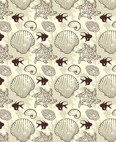 an image of seashells and fish on a beige background