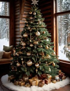 a christmas tree with presents under it in front of a window