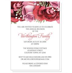 a wedding party card with pink roses and greenery on the front, in red