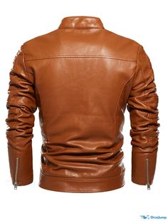 OrcaJump - Mens Leatherette Biker Jacket with Warmth, Rain & Daily Waterproofing, Stand-up Collar, Solid Color Outer Winter Long Sleeve Motorcycle Outerwear, Classic Winter Biker Jacket For Outdoor, Brown Biker Jacket With Zipper Closure For Outdoor, Winter Hooded Outerwear For Motorcycling, Moto Style Long Sleeve Outdoor Outerwear, Brown Windproof Long Sleeve Outerwear, Brown Windproof Long-sleeve Outerwear, Long Sleeve Moto Outerwear For Outdoor, Fitted Brown Outerwear For Outdoor