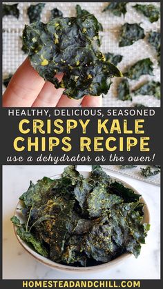 the recipe for crispy kale chips is shown in two different pictures, with text overlay