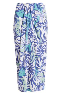 Vacation vibes run strong in this vibrant skirt shaped by graceful draping and cut from breezy cotton in a celestial print. 31" length Back elastic waist 100% cotton Machine wash, tumble dry Imported Summer Draped Relax Fit Skirt, Blue Wrap Skirt For Spring Beach Outings, Blue Wrap Skirt For Beach And Spring, Summer Draped Relaxed Skirt, Blue Wrap Skirt For Summer Vacation, Blue Bohemian Sarong For Spring, Blue Wrap Skirt For Summer Beach, Summer Blue Wrap Skirt For Beach, Draped Relaxed Summer Skirt