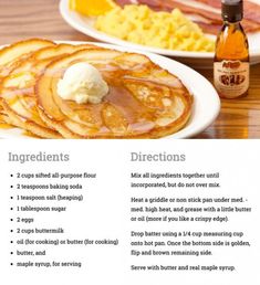 pancakes with syrup, eggs and butter on them are shown in this recipe for breakfast