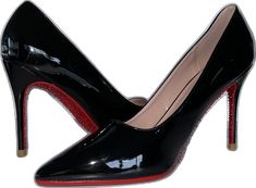 Elegant Glossy Heels For Night Out, Red Glossy Heels For Party, Red Glossy Party Heels, Red Glossy Pointed Toe Heels, Glossy High Heels For Evening, Red Glossy Finish Heels For Party, Glamorous Red Sole Heels For Formal Occasions, Formal Shiny Black High Heels, Formal High Heel Shoes In Shiny Black