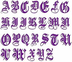 an old english alphabet with purple ink