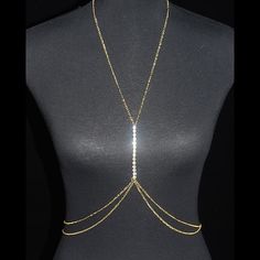 Glamorous Gold Body Chain For Night Out, Gold Backless Body Chain, Fitted Gold Body Chain For Night Out, Glamorous Gold Body Jewelry For Night Out, Adjustable Rhinestone Body Chain For Party, Glamorous Gold Body Jewelry With Rhinestones, Gold Rhinestone Body Jewelry For Party, Rhinestone Fabric, Performance Training