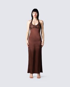 Leana Brown Halter Dress Brown Satin Maxi Dress For Evening, Brown Satin Maxi Length Dress, Fitted Brown Halter Neck Dress, Elegant Brown Satin Maxi Dress, Formal Brown Satin Maxi Dress, Chic Brown Satin Slip Dress, Elegant Brown Backless Maxi Dress, Elegant Brown Slip Dress For Evening, Brown Satin Sleeveless Slip Dress