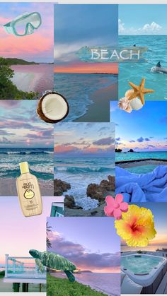 a collage of pictures with the words beach written in different languages, including coconuts and flowers