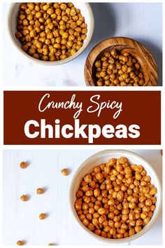 two bowls filled with crunchy spicy chickpeas on top of a white table