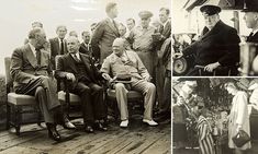 black and white photos of men in suits and hats sitting on chairs with other people standing around them